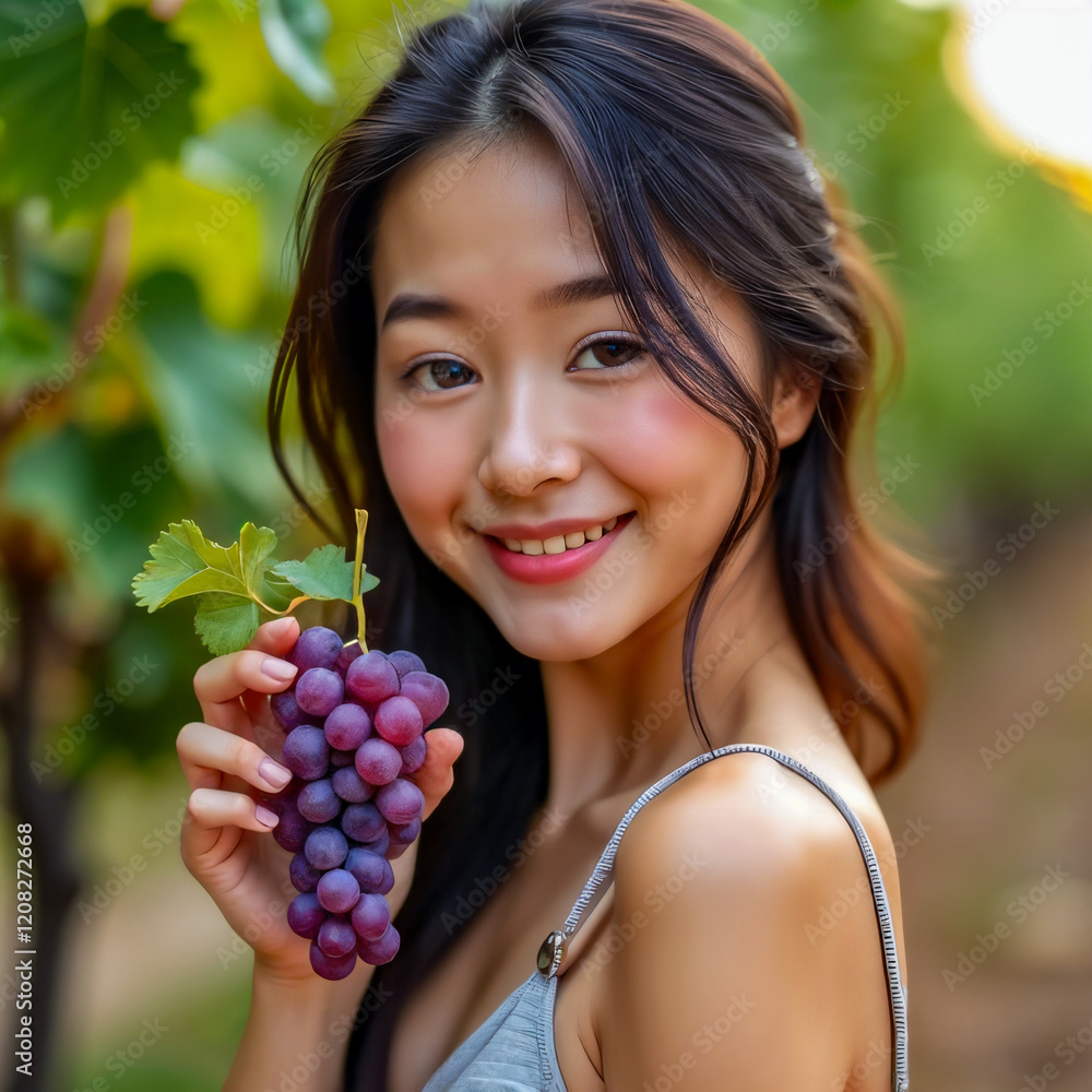 Young Asian Woman Smiling While Holding Fresh Grapes Against a Vineyard Background Young Asian Woman Smiling While Holding Fresh Grapes Against a Vineyard Background