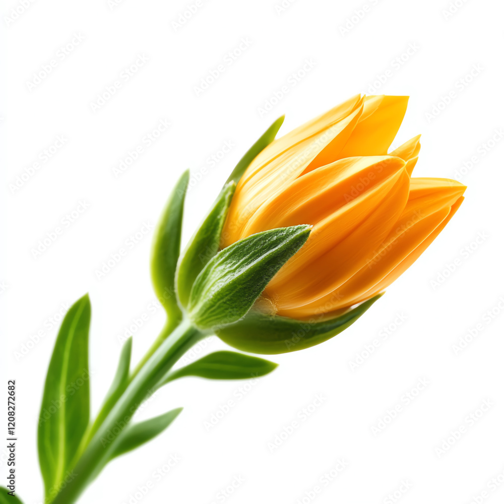 A vibrant yellow flower bud against a clean white background, symbolizing growth and new beginnings. A vibrant yellow flower bud against a clean white background, symbolizing growth and new beginnings.