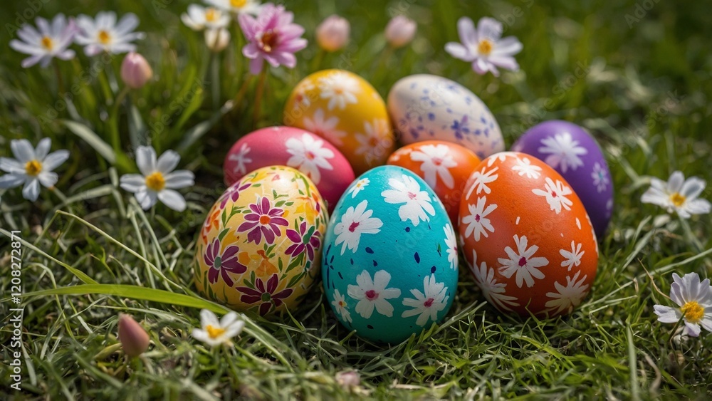 Decorated Easter Eggs Nestled Among Vibrant Flowers with Copy Space
Decorated Easter Eggs Nestled Among Vibrant Flowers with Copy Space