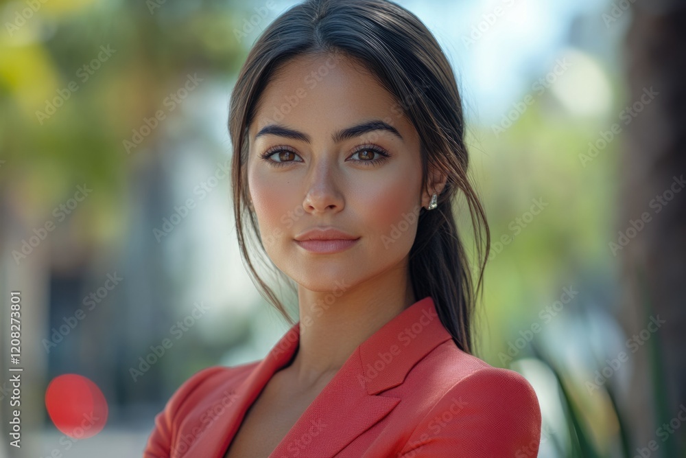 Portrait of a confident woman with dark hair, wearing a coral blazer, outdoors. Portrait of a confident woman with dark hair, wearing a coral blazer, outdoors.