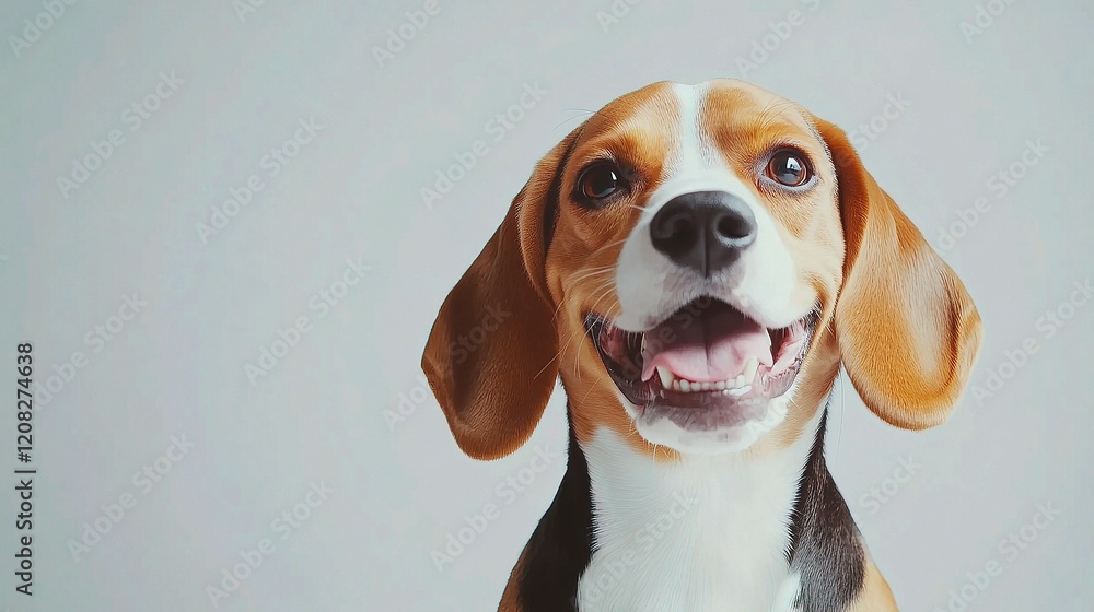 Beagle Joy: A portrait of a beagle dog, captured in a moment of pure joy, with floppy ears, brown and white fur, and a wide, toothy grin, revealing its playful and affectionate nature.