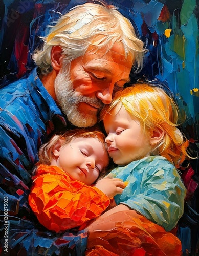 father and kids fatherhood childhood dad girl boy children toddler baby safe safety blonde oil painting modern art isolated colorful abstract background grandfather grandchildren