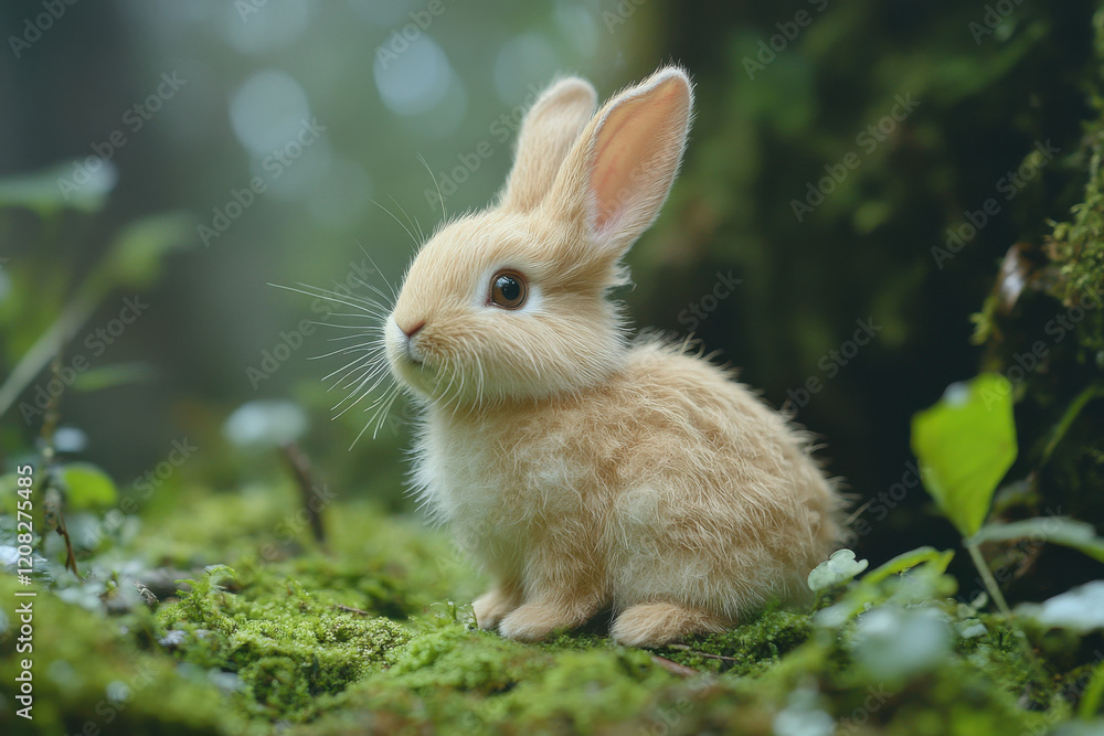 Fototapeta premium Cute baby bunny sitting on soft moss in a forest, surrounded by greenery, capturing the charm and innocence of nature