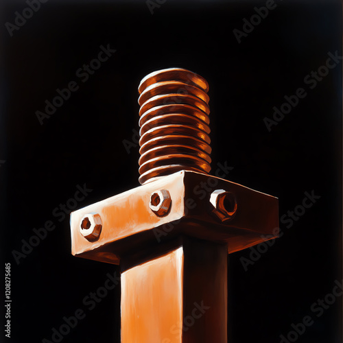 Close-up of a metal bolt with intricate details, showcasing its strength and precision engineering against a dark background.