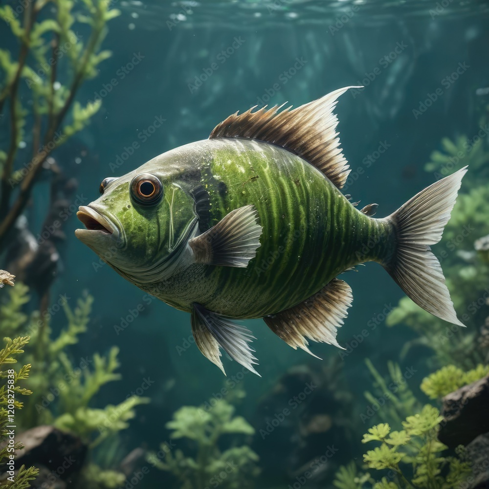 Fototapeta premium Archer fish in the water with algae on its body, blue, aquatic, environment