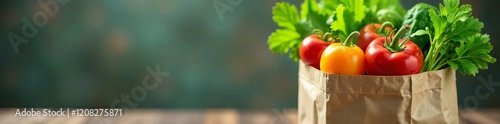 Fresh vegetables in a paper bag against a blurred background, highlighting healthy eating. photo