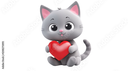 Adorable 3D Cartoon Kitten Holding Heart Valentines Day Cute Animal Pet Love