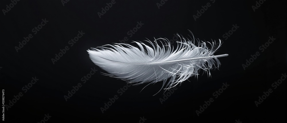 Obraz premium Artistic image of a single white feather resting on a dramatic dark background, artistic image, striking, nature-inspired, unique, resting