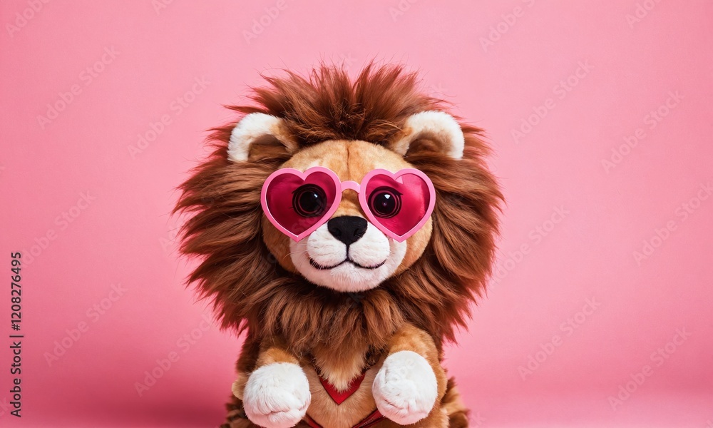 Fototapeta premium Cute lion wearing heart-shaped glasses against a pink background, perfect for Valentine's Day and adorable gifting. Valentine’s Day, idea, joke, love