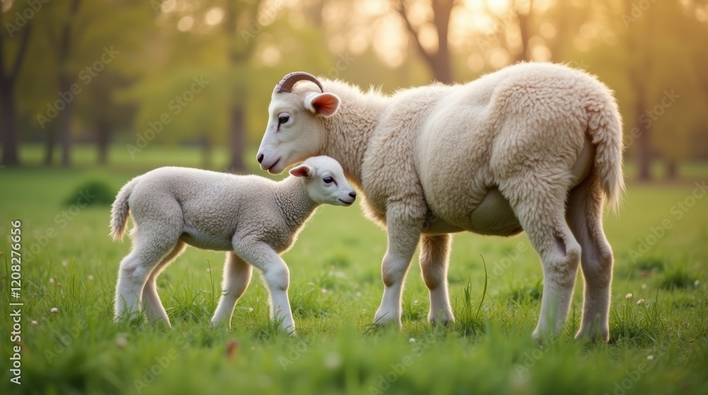 lamb nuzzling against its ewe in a lush green pasture lamb nuzzling against its ewe in a lush green pasture