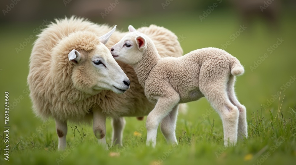 lamb nuzzling against its ewe in a lush green pasture lamb nuzzling against its ewe in a lush green pasture