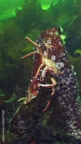 In frost-kissed waters below Arctic ice, Hyas spider crab navigates vibrant seaweed, searching for sustenance. This captivating journey highlights unique life thriving in White Sea's cold embrace. photo