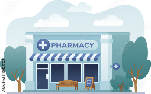 Pharmacy store building flat, color illustration. Isolated drugstore entrance. Shop graphic, health care concept on white background. Local business facade. Old vintage architecture of downtown.