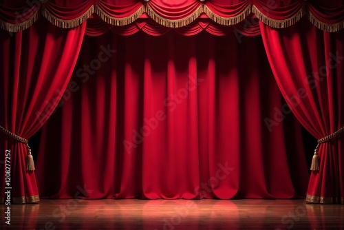 Elegant red theater curtains ready for a captivating performance or event. photo