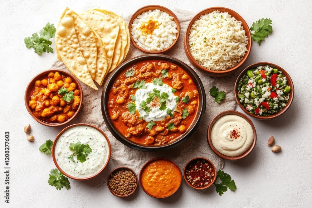 Aromatic Indian feast with chickpea curry, rice, various dips, and crispy flatbreads. Aromatic Indian feast with chickpea curry, rice, various dips, and crispy flatbreads.