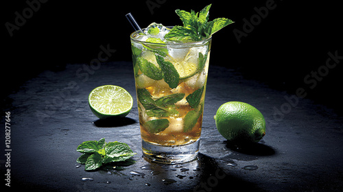 A vibrant mojito in a tall glass, filled with fresh mint leaves, lime wedges, and crushed ice. photo