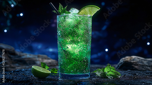 A vibrant mojito in a tall glass, filled with fresh mint leaves, lime wedges, and crushed ice. photo