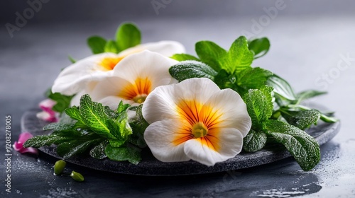 Wallpaper Mural Soft light illuminates delicate white flowers nestled among vibrant green herbs on dark stone. AI Generated Torontodigital.ca