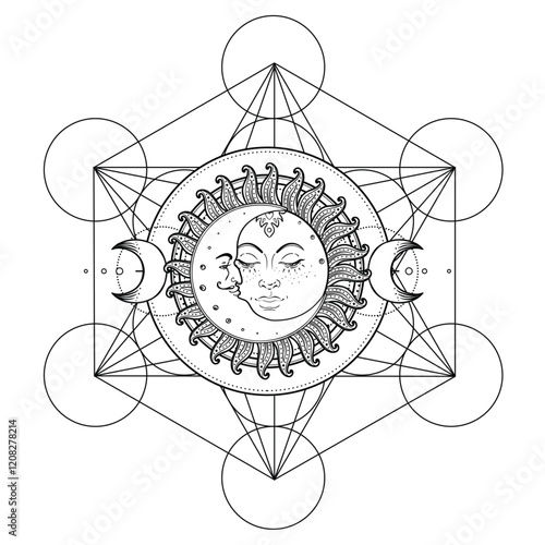 Metatron Cube. Moon pagan Wicca moon goddess symbol. Three-faced Goddess, Maiden, Mother, Crone isolated vector illustration. Tattoo, astrology, alchemy, boho and magic symbol. Coloring book.