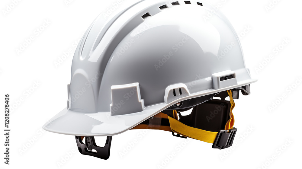 Fototapeta premium A durable white safety helmet shown from the side, with visible secure straps, studio view, isolated on transparent background.