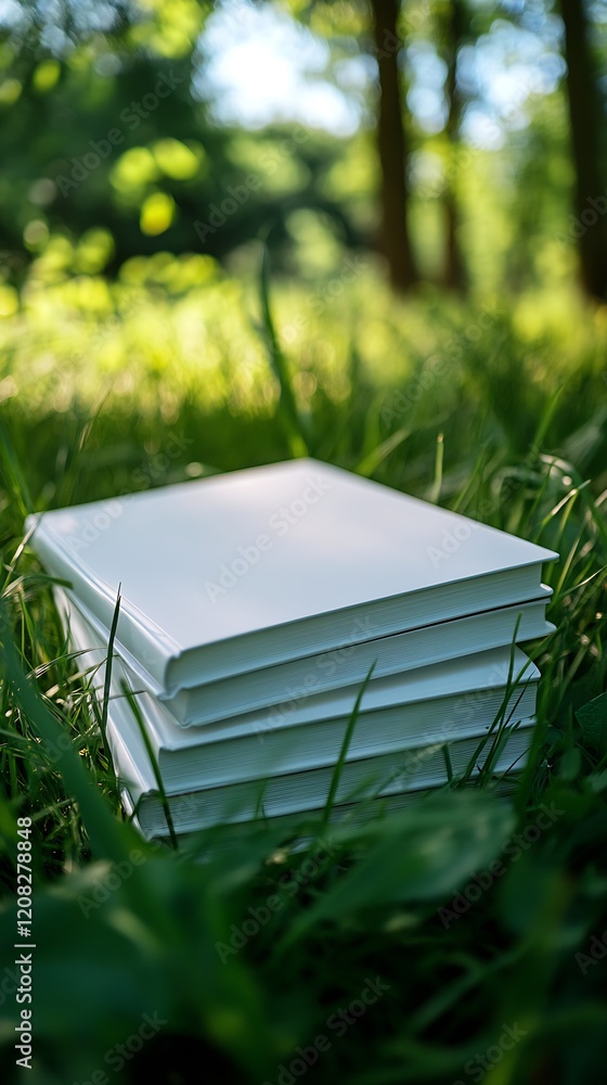 Stack of Books on Green Grass in Forest Clearing with Soft Sunlight : Generative AI Stack of Books on Green Grass in Forest Clearing with Soft Sunlight : Generative AI