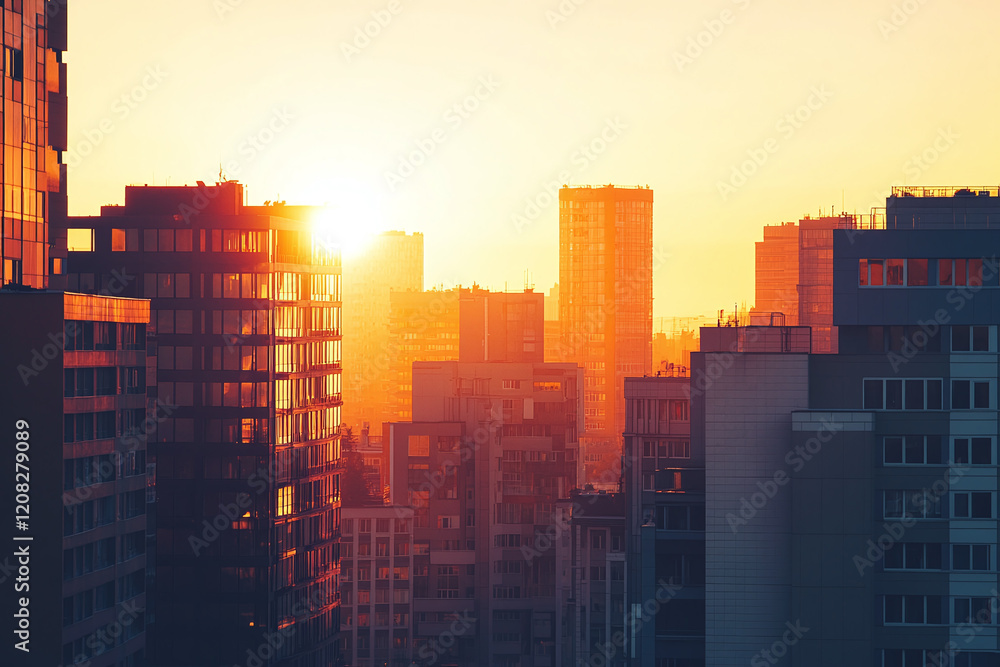 Tranquil City Skyline with Sunset Reflections, Modern Architecture, and Pastel Tones Creating a Serene Urban Landscape