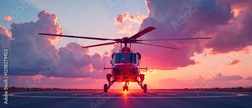 A majestic helicopter lands gracefully on a modern helipad, bathed in golden hour sunlight.  High-detail, photorealistic, epic, depth of field, vibrant colors, cinematic,  helicopter, helipad, golden 