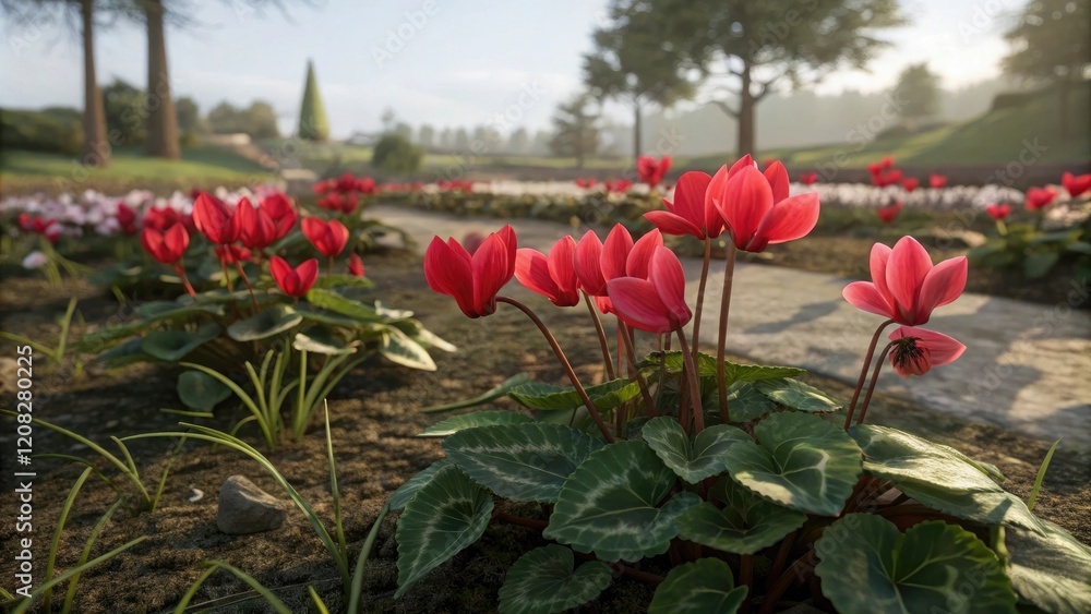 Obraz premium Blooming red spring cyclamen flowers in a garden bed, indoor plants, red spring cyclamen flowers, garden flowers, flowering plants