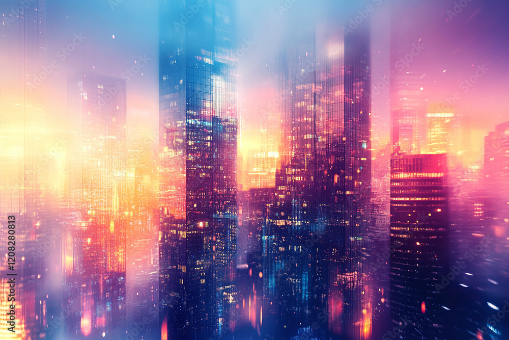 Fototapeta premium Tranquil City Skyline with Sunset Reflections, Modern Architecture, and Pastel Tones Creating a Serene Urban Landscape