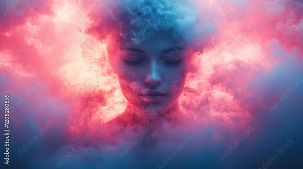 Serene face amidst glowing pink and orange clouds Serene face amidst glowing pink and orange clouds