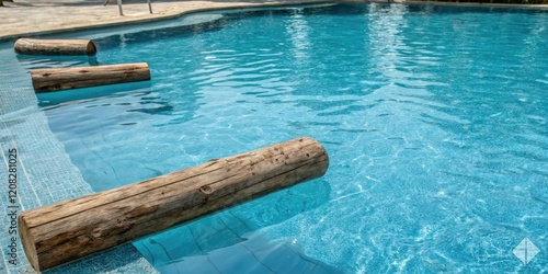 Blue pool water with a few floating wooden logs or driftwood on the surface, floating wood, earthy decor