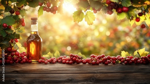 Autumn orchard; amber liquid bottle, hawthorn berries, sunset photo