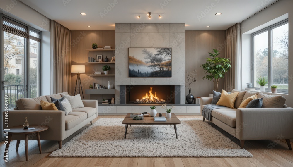 custom made wallpaper toronto digitalA beautifully designed living room features a glowing fireplace, elegant furniture, and tasteful decor. Natural light pours in, creating a welcoming atmosphere perfect for relaxation