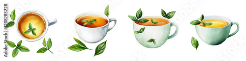 Wallpaper Mural Watercolor Teacups with Floating Stevia Leaves Torontodigital.ca