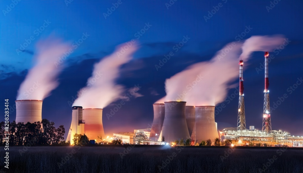 A massive industrial power plant with multiple chimneys emitting thick smoke, illuminated by artificial lights against the dark night sky. A massive industrial power plant with multiple chimneys emitting thick smoke, illuminated by artificial lights against the dark night sky.