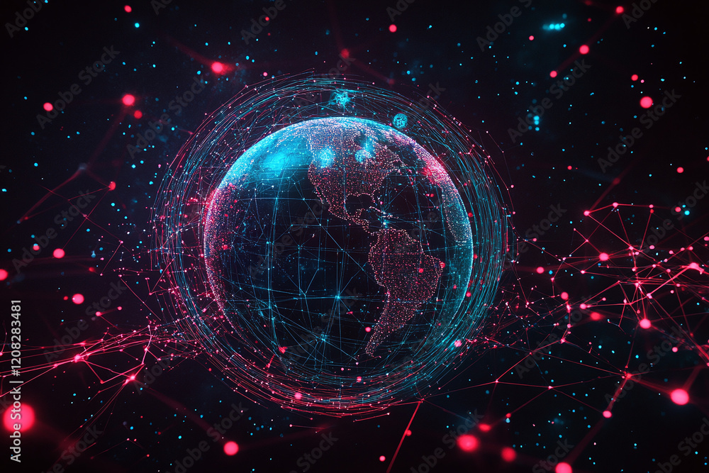 Obraz premium Futuristic Global Network with Digital Connections and Glowing Data Points in a Tech-Inspired Abstract Earth Design