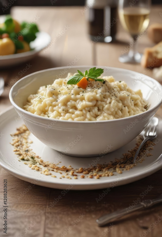 Classic risotto dish in a large shallow bowl served at the table, warm and comforting, italian comfort food Classic risotto dish in a large shallow bowl served at the table, warm and comforting, italian comfort food