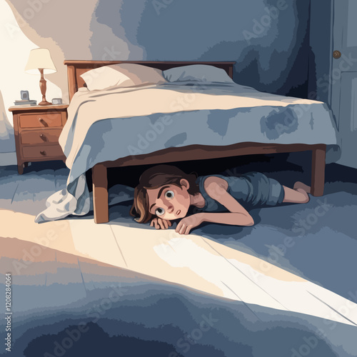 Little Boy's Nighttime Adventure: Fear and Curiosity in a Cozy Bedroom - Exploring Childhood Imagination and Emotions Through Illustrated Shadows and Light