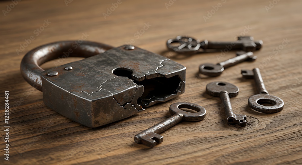 Rusty lock, broken antique lock, old metal keys. Wooden table. Failed security. Rusty lock, broken antique lock, old metal keys. Wooden table. Failed security.