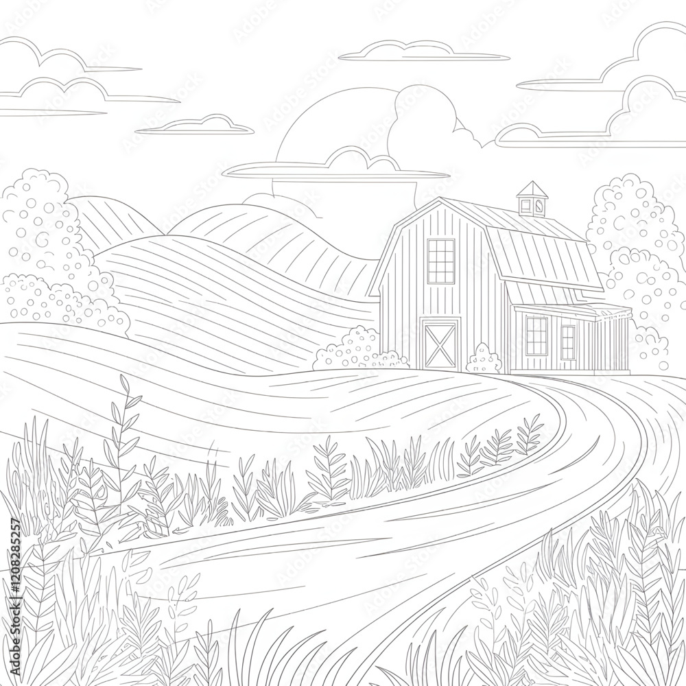 Fototapeta premium a line art illustration nature also cloud and road side house coloring page 