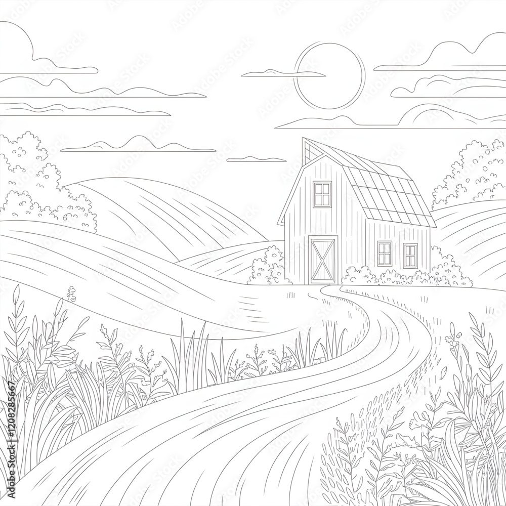Obraz premium a line art illustration nature and road side house coloring page 