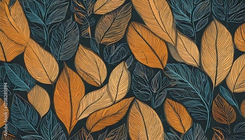 Wallpaper Mural Seamless vector pattern with single-line leaves, featuring a minimalistic floral design in trendy linear style. Torontodigital.ca