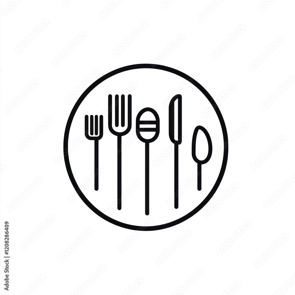 Black lined cutlery icon in circle, white background, design, menu use Black lined cutlery icon in circle, white background, design, menu use