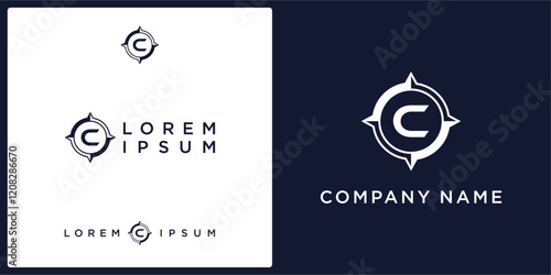 C letter logo and icon with abstract compass, vector template