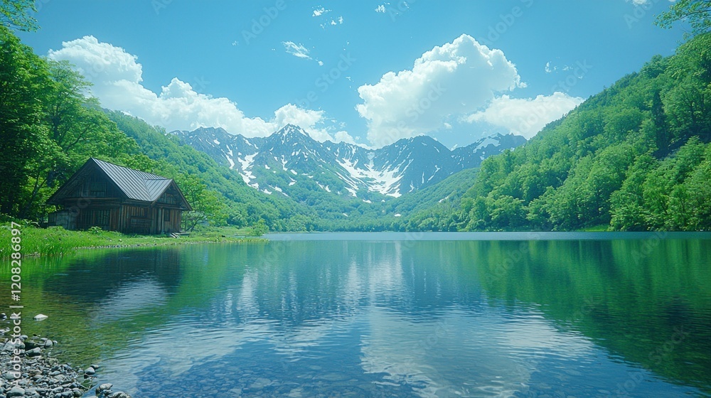 Fototapeta premium Serene Mountain Lake Cabin: A Peaceful Escape