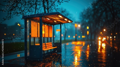 Empty bus stop in rainy city night, blurred traffic lights in background