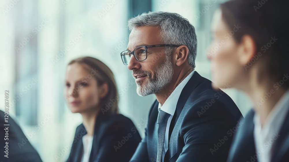 Attentive Business Professionals: A profile view of a mature, attentive businessman with salt and pepper hair and glasses, listening intently in a business meeting. Attentive Business Professionals: A profile view of a mature, attentive businessman with salt and pepper hair and glasses, listening intently in a business meeting.
