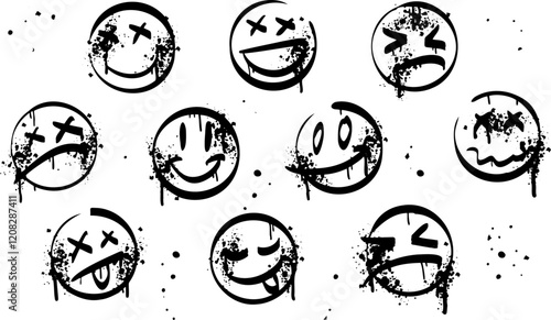 Smile graffiti spray. Airbrush sketch sticker. Black ink drop face. Grunge urban character