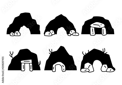 Cave set. Cavern tunnel in mountain icon. Hole in rock. Geology black landscape. Entrance in cave. Prehistoric stone underground