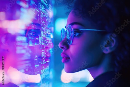 Wallpaper Mural A young woman, illuminated by vibrant neon lights, intently studies lines of code on a digital screen. Torontodigital.ca